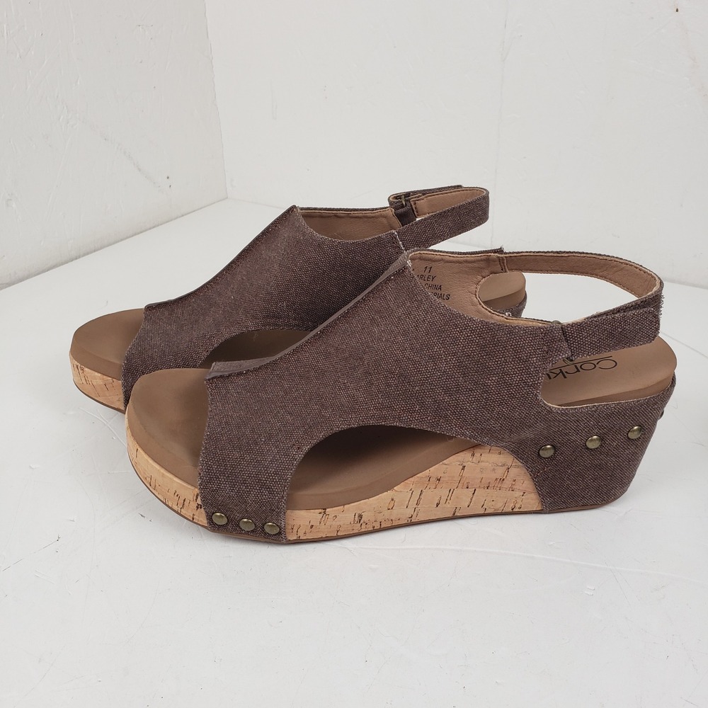 Corkys Carley Brown Canvas Wedge Sandals Slingback Platform Studded Womens 11 - Picture 7 of 10